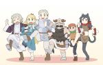  3boys 3girls :d :o absurdres animal_ears arm_guards armor asymmetrical_bangs barefoot beard belt_pouch black_hair blonde_hair blue_capelet blue_robe blush body_fur braid brother_and_sister brown_eyes brown_gloves brown_hair brown_skirt capelet cat_ears cat_girl cat_tail chilchuck_tims choker clenched_hand clenched_hands closed_eyes closed_mouth covered_mouth crop_top dancing dated dungeon_meshi dwarf elf facial_hair facing_viewer fake_horns falin_thorden foot_up french_braid full_body fur_trim gloves gorget green_eyes green_scarf grey_hair halfling hand_up hands_up happy hashtag_only_commentary helmet highres hood hood_down hooded_capelet horned_helmet horns izutsumi jacket kensuke_(dungeon_meshi) kicking knee_up laios_thorden leather_armor lineup locked_arms long_beard long_hair long_sleeves looking_at_viewer marcille_donato midriff multiple_boys multiple_braids multiple_girls mustache no_headwear nose_blush open_mouth pants pants_tucked_in parody parody_request parted_bangs pauldrons plate_armor pointy_ears pouch purple_jacket red_scarf robe sandals scarf senshi_(dungeon_meshi) shirt shoe_soles short_hair shoulder_armor siblings side_braid skirt sleeveless smile sokina soles standing standing_on_one_leg style_parody sword tail undercut vambraces very_long_hair weapon white_background white_pants white_robe white_shirt winged_sword yellow_eyes 