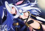  1girl :&lt; animal_ears black_gloves blush breasts chain closed_mouth coat commentary_request commission cowboy_shot ear_over_one_eye expressionless gloves grey_coat hair_between_eyes highres long_hair long_sleeves looking_at_viewer medium_breasts navel nekogenetic rabbit_ears ragnarok_online red_eyes revealing_clothes side_slit solo suspenders translation_request very_long_hair warlock_(ragnarok_online) watermark white_hair 