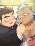 2024 anthro blush brown_body brown_fur candy chocolate chubby_protagonist_(tas) dessert duo food fur gouryou human human_on_anthro humanoid_hands interspecies kemono lifewonders male male/male mammal overweight overweight_male protagonist_(tas) rorondo4 suid suina sus_(pig) tokyo_afterschool_summoners wild_boar