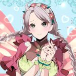 1girl ahoge braid breasts butterfly_wings capelet closed_mouth commission commissioner_upload fairy fairy_wings fe135700 fire_emblem fire_emblem_fates fire_emblem_heroes flower flower_bracelet gradient_clothes green_bracelet hair_flower hair_ornament hair_vines heart heart_in_eye highres insect_wings leaf_bracelet long_hair low_twin_braids low_twintails medium_breasts nina_(fire_emblem) nina_(resplendent)_(fire_emblem) own_hands_together parted_bangs pink_capelet pink_flower skeb_commission smile solo symbol_in_eye twin_braids twintails vine_bracelet white_flower wings 