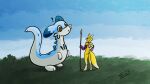 ambiguous_gender anthro bandai_namco cansinodx chillet confusion crossover digimon digimon_(species) duo female feral hi_res melee_weapon nude nude_female pal_(species) palworld polearm question_mark renamon spear standing weapon
