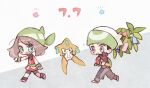  1boy 1girl :3 bandana black_pants black_socks blue_eyes blush_stickers branch brendan_(pokemon) brown_eyes brown_hair chibi collared_shirt commentary dated floating flying_sweatdrops full_body gloves green_bag green_bandana green_headwear grey_background hand_on_own_face happy jacket jirachi leaf looking_back may_(pokemon) medium_hair mgomurainu multicolored_clothes multicolored_gloves open_mouth outstretched_arm pants pointing pokemon pokemon_(creature) pokemon_rse red_gloves red_jacket running shirt shoes sidelocks sleeveless sleeveless_shirt smile socks star_(symbol) sweatdrop tanzaku 