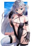  1girl :o absurdres arm_strap azur_lane bangs bare_hips black_dress black_gloves blue_eyes blue_sky blunt_bangs breasts center_opening cleavage criss-cross_halter dress frame garter_straps gloves grey_hair halter_dress halterneck hand_on_hip hand_up highres large_breasts leg_up long_hair looking_at_viewer mole mole_under_eye navel one_side_up race_queen revealing_clothes shoukaku_(azur_lane) shoukaku_(sororal_wings)_(azur_lane) skindentation sky solo thighhighs white_legwear zyousha333 