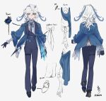  1boy aged_down bishounen black_gloves blue_hair flower full_body genshin_impact gloves highres male_focus multicolored_hair naya_(onaxart) neck_ribbon neuvillette_(genshin_impact) pin purple_eyes reference_sheet ribbon simple_background solo streaked_hair white_background white_hair 