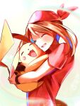  1girl bandana black_wristband brown_hair closed_eyes holding holding_pokemon hug may_(pokemon) momdy_(talesshinja) open_mouth pikachu pokemon pokemon_(creature) pokemon_rse red_bandana red_shirt shirt short_sleeves teeth upper_body upper_teeth_only wristband 