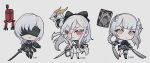  10h_(nier_reincarnation) 3girls black_blindfold black_bow black_gloves black_sclera blindfold bow braid bright_pupils character_name chibi closed_mouth colored_sclera commentary drag-on_dragoon drag-on_dragoon_3 dragon dual_wielding english_commentary fangs floating flower flower_over_eye frown garter_belt gloves hair_bow highres holding holding_sword holding_weapon horns kaine_(nier) lingerie long_hair medium_hair multiple_girls nier nier_(series) nier_reincarnation non-humanoid_robot parted_lips prosthesis prosthetic_arm puffy_sleeves red_eyes robot simple_background skin_fangs sword teeth underwear v-shaped_eyebrows weapon white_background white_hair white_pupils yellow_eyes yuki_lu zero_(drag-on_dragoon) 