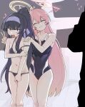  2girls ^^^ ^_^ ahoge bikini black_bikini black_eyes black_hair blue_archive blue_hairband breasts closed_eyes closed_mouth collarbone hairband halo hanako_(blue_archive) hand_on_another&#039;s_shoulder highres long_hair medium_breasts multiple_girls pearlgang_e pink_hair pink_halo ponytail school_swimsuit small_breasts smile swimsuit thighhighs thighs ui_(blue_archive) ui_(swimsuit)_(blue_archive) v yellow_halo 