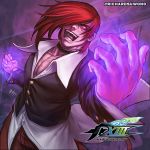  1boy choker copyright_name dress_shirt fire hair_over_one_eye open_mouth purple_fire red_eyes red_hair richard_suwono shirt solo the_king_of_fighters yagami_iori 