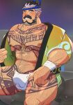  1boy absurdres arm_hair ass_hair back_hair bara bare_pectorals beard bulge chest_hair come_hither crave_saga facial_hair feet_out_of_frame full_beard fundoshi gradient_hair hairy hand_hair hat_set highres huge_pectorals japanese_clothes looking_at_viewer mature_male multicolored_hair muscular muscular_male mustache navel navel_hair nipple_hair nipples noche_(crave_saga) official_alternate_costume old old_man pectorals seductive_smile seldore_(crave_saga) short_hair smile solo stomach strongman_waist summer_festival thick_arm_hair thick_beard thick_chest_hair thick_eyebrows thick_leg_hair thick_mustache thick_navel_hair thick_thighs thighs two-tone_beard two-tone_hair undressing very_hairy wrinkled_skin 