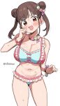  1girl artist_name bikini blush bracelet breasts brown_eyes brown_hair cleavage clenched_hand double_bun food food-themed_hair_ornament frilled_bikini frills hair_bun hair_ornament hand_up highres idolmaster idolmaster_shiny_colors jewelry large_breasts looking_at_viewer macaron navel necklace open_mouth pink_bikini shisoneri simple_background solo sonoda_chiyoko stomach swimsuit twintails twitter_username v-shaped_eyebrows white_background 