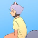 1:1 2021 anthro biped blue_background blue_hair brand_new_animal canid canine clothing facial_markings female hair head_markings hi_res mammal markings mask_(marking) mhcmm909 michiru_kagemori orange_body raccoon_dog shirt short_hair side_view simple_background sitting sketch solo studio_trigger tail tanuki topwear yellow_clothing yellow_shirt yellow_topwear