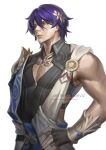  1boy absurdres ancient_greek_clothes armor biceps blue_hair breasts dr._ratio_(honkai:_star_rail) gold_armor gold_necklace greco-roman_clothes highres honkai:_star_rail honkai_(series) jewelry mature_male muscular muscular_male necklace portrait revealing_clothes salmonviz sideboob 