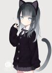  1girl animal_ears artist_name black_hair black_hairband black_jacket blue_eyes capriccio cat_ears cat_tail closed_mouth collared_shirt commentary_request dress_shirt fake_animal_ears grey_background grey_hair grey_skirt hair_ornament hairband hairclip hand_up jacket long_hair long_sleeves ochi_ripca original pleated_skirt puffy_long_sleeves puffy_sleeves shirt simple_background skirt sleeves_past_wrists solo tail translation_request white_shirt 