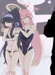  2girls ^^^ ^_^ ahoge bikini black_bikini black_eyes black_hair blue_archive blue_hairband breasts closed_eyes closed_mouth collarbone commentary_request hairband halo hanako_(blue_archive) hand_on_another&#039;s_shoulder highres long_hair medium_breasts multiple_girls pearlgang_e pink_hair pink_halo ponytail school_swimsuit small_breasts smile swimsuit thighhighs thighs ui_(blue_archive) ui_(swimsuit)_(blue_archive) v yellow_halo 