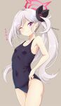  1girl ass bare_arms bare_legs bare_shoulders black_one-piece_swimsuit black_scrunchie blue_archive blush breasts closed_mouth collarbone covered_navel cowboy_shot grey_background grey_hair grin hair_ornament hair_scrunchie halo heart highres long_hair mutsuki_(blue_archive) one-piece_swimsuit one_eye_closed pink_eyes red_halo school_swimsuit scrunchie side_ponytail simple_background small_breasts smile solo swimsuit tamayan 