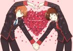  2boys :d ^_^ black_jacket black_pants blazer blue_necktie blush brown_hair character_name closed_eyes commentary_request couple cowboy_shot facing_viewer grin happy heart heart_arms_duo heart_background holding_hands jacket kinkooo333 light_brown_hair little_busters! little_busters!_school_uniform long_sleeves multiple_boys naoe_riki natsume_kyousuke necktie open_mouth pants pink_background red_necktie school_uniform short_hair shy simple_background smile too_many too_many_hearts yaoi 