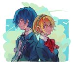  1boy 1girl aegis_(persona) bird black_jacket black_ribbon blonde_hair blue_eyes blue_hair bow bowtie breasts closed_mouth cloud english_commentary gekkoukan_high_school_uniform jacket looking_at_viewer neck_ribbon open_clothes open_jacket parted_lips persona persona_3 red_bow red_bowtie ribbon say0ran school_uniform short_hair sky upper_body yuuki_makoto_(persona_3) 