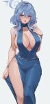  1girl absurdres ako_(blue_archive) ako_(dress)_(blue_archive) bannou_ippoutsukou bare_arms bare_shoulders blue_archive blue_eyes blue_hair blue_halo blush breasts cleavage collarbone earrings grey_background hair_ornament hairband halo hand_up highres jewelry large_breasts looking_at_viewer medium_hair official_alternate_costume open_mouth sideboob simple_background solo standing teeth thighs upper_teeth_only 