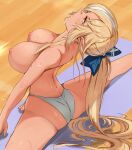  1girl absurdres ass blonde_hair bow breasts dark-skinned_female dark_skin elf hair_bow highres hololive indoors large_breasts long_hair looking_up multicolored_hair nipples open_mouth panties pointy_ears red_eyes shiranui_flare split streaked_hair sweat tomo0843 topless underwear virtual_youtuber white_hair white_panties yoga yoga_mat 