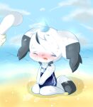 2015 absurd_res anthro bathing beach blush canid canine chibi clothing deaic detailed_background duo faceless_character female hi_res kemono mammal sand seaside showering sky solo_focus swimwear water