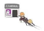  1boy 1girl blonde_hair chibi don_quixote_(project_moon) dragging english_text full_body highres limbus_company movie_theater necktie pointing project_moon red_necktie shirt short_hair simple_background sinclair_(project_moon) south_ac suit white_shirt 