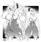  2girls abs animal_ear_fluff animal_ears bajou_takurou blade_&amp;_soul breasts breasts_outside censored choker claws closed_mouth collarbone commission covered_nipples eyebrows_visible_through_hair eyes_visible_through_hair fingernails fur_trim greyscale grin hair_over_one_eye hand_on_hip hatching_(texture) long_fingernails long_hair monochrome mosaic_censoring multiple_girls muscle muscular_female navel nipples parted_lips scrunchie sharp_fingernails sharp_teeth shiny shiny_skin signature smile star_(symbol) teeth twintails very_long_hair zipper zipper_pull_tab 
