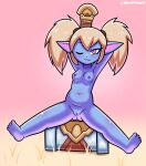 anthro barefoot blonde_hair blue_body blue_fur breasts disfigure feet female fur genitals hair hammer hi_res league_of_legends navel nude one_eye_closed poppy_(lol) presenting presenting_pussy purple_eyes pussy riot_games simple_background solo tools yordle