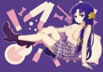  1girl alternate_costume arm_support bare_legs black_footwear black_hair blunt_ends boots bow closed_mouth commentary eyelashes full_body hair_bow hair_ribbon impossible_clothes kinkooo333 knee_up kurugaya_yuiko little_busters! long_hair looking_at_viewer plaid plaid_skirt purple_background purple_eyes ribbon signature simple_background sitting skirt sleeves_past_wrists smile solo straight_hair sweater very_long_hair yellow_bow yellow_ribbon yellow_sweater 