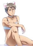  1boy animal_ears arm_at_side arm_on_knee artist_name backlighting bare_arms bare_legs beard_stubble bell blue_eyes bra cat_ears choker collarbone commentary_request cowlick dated facial_hair fake_animal_ears gochuumon_wa_usagi_desu_ka? highres kafuu_takahiro knee_up light_brown_hair lingerie looking_at_viewer mature_male messy_hair muscular muscular_male mustache_stubble neck_bell neki_(wakiko) official_style pectorals shadow short_hair shoulder_strap simple_background sitting solo stubble thick_eyebrows twitter_username underwear white_background white_bra white_choker white_fur 