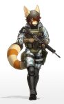 2024 absurd_res ailurid anthro armor assault_rifle blue_eyes brown_body brown_fur brown_hair bulletproof_vest camo camo_clothing camo_print clothing eyebrows fur gloves gun hair handwear headgear helmet hi_res inner_ear_fluff knee_pads male mammal pattern_clothing pgm300 pouches ranged_weapon red_panda rifle solo tan_body tan_fur tuft walking weapon