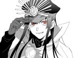  1girl adjusting_clothes adjusting_headwear cape fate_(series) gloves greyscale grin hand_up hat koha-ace long_sleeves looking_at_viewer monochrome noz_2to oda_nobunaga_(fate) oda_nobunaga_(koha-ace) oda_uri peaked_cap portrait red_eyes red_theme simple_background smile smirk solo spot_color 