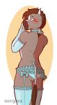  anthro blush brown_eyes brown_hair clothing dallas_prairiewind equid equine fur girly grey_body grey_fur hair hi_res horse legwear lingerie looking_at_viewer looking_back male mammal markings morgdl rear_view simple_background stockings tail_wraps white_markings wraps 