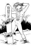 anthro arctic_wolf boots canid canine canis clothing evergreen_tree female footwear gloves grimace hair handwear mammal monochrome mostly_nude mountain_range outside pine_tree plant scarf scarf_only short_hair ski_goggles snowboard solo style_wager tree wolf