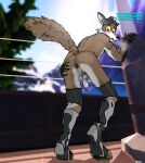 anthro anus aroused balls blush butt canid canine canis claws embarrassed epic_games fortnite genitals half_naked hi_res humanoid_genitalia humanoid_penis looking_back male mammal mblaze penis scenic_view shy solo speech_bubble spread_butt spreading suggestive wendell_(fortnite) wolf