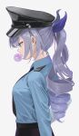  1girl absurdres alternate_costume breasts chewing_gum dubeaduver gloves grey_eyes grey_hair hat highres honkai:_star_rail honkai_(series) long_hair medium_breasts police police_hat police_uniform ponytail shirt silver_wolf_(honkai:_star_rail) solo uniform upper_body white_background 