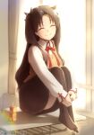  black_skirt closed_eyes closed_mouth desk fate/stay_night fate_(series) hair_ribbon highleg highres iida_toyoyuki juice_box long_hair long_sleeves ribbon school_uniform skirt smile thighhighs tohsaka_rin twintails two_side_up window 