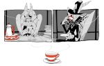 carmilla_carmine clothed clothing container cup demon demon_humanoid drinking drinking_tea duo female hat hazbin_hotel headgear headwear hi_res humanoid male oh8pn paper simple_background tea_cup teapot white_background zestial_(hazbin_hotel)