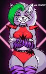 2024 animatronic anthro armwear bedroom_eyes black_nose bottomwear bracelet breasts canid canine canis clenched_teeth clothed clothing collar crossed_arms dialogue digital_media_(artwork) ear_piercing ear_ring english_text eyebrows eyelashes eyeshadow fangs female five_nights_at_freddy&#039;s five_nights_at_freddy&#039;s:_security_breach front_view green_highlights grey_body grey_hair hair hi_res highlights_(coloring) jewelry legwear lips long_eyelashes long_hair lw_88 machine makeup mammal narrowed_eyes piercing portrait purple_eyeshadow purple_lips ring_piercing robot roxanne_wolf_(fnaf) scottgames seductive shoulder_guards simple_background solo spiked_bracelet spiked_collar spikes steel_wool_studios talking_to_viewer teeth text three-quarter_portrait topwear wolf yellow_eyes