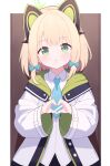  1girl absurdres animal_ear_headphones animal_ears black_shorts blonde_hair blue_archive blue_bow blue_necktie blush bow cat_ears collared_shirt commentary_request fake_animal_ears green_eyes green_halo halo headphones heart heart_hands highres hood hooded_jacket jacket looking_at_viewer midori_(blue_archive) necktie open_clothes open_jacket shirao_shiki shirt shorts solo upper_body white_jacket white_shirt wooden_door 