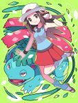  1girl black_wristband brown_eyes brown_hair closed_mouth commentary_request eyelashes green_background hair_flaps hat highres holding holding_poke_ball leaf_(pokemon) leg_up long_hair loose_socks pleated_skirt poke_ball poke_ball_(basic) pokemon pokemon_(creature) pokemon_frlg shirt shoes sidelocks skirt sleeveless sleeveless_shirt smile socks sutokame venusaur white_headwear 