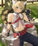  1boy animal_ear_fluff animal_ears artist_name belt black_pants blonde_hair cat_boy cat_ears cat_tail claw_pose cowboy_shot ensemble_stars! fence fingerless_gloves g1_(jjw00123) gloves grass green_eyes hand_up highres kemonomimi_mode looking_at_viewer male_focus navel outdoors paid_reward_available pants red_belt rock shiratori_aira_(ensemble_stars!) shirt short_hair sitting solo tail tree twitter_username white_shirt 