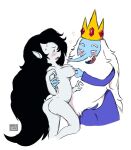 adopted_(lore) adopted_daughter_(lore) adoptive_father_(lore) adventure_time arm_around_waist beard black_hair blue_body blue_clothing blush blush_lines bodily_fluids breast_play breasts butt cartoon_network clothing crown demon digital_media_(artwork) duo elemental_creature facial_hair fangs female gem grey_body hair headgear humanoid humanoid_pointy_ears ice ice_creature ice_king jewelry long_hair long_nails long_nose male male/female marceline_abadeer mineral_fauna nipples old_man open_mouth sharp_teeth simple_background spec_almond_(artist) sweat teeth vampire white_background white_hair