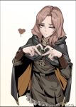  1girl absurdres brown_dress brown_hair chen_zi cloak dated dress elden_ring heart heart_hands highres hood hooded_cloak jewelry melina_(elden_ring) one_eye_closed ring simple_background white_background yellow_eyes 