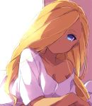  1girl blonde_hair blue_eyes breasts cleavage closed_mouth dark_skin dark_skinned_female head_tilt inazuma_eleven_(series) long_hair looking_at_viewer lying medium_breasts on_stomach reiza sekina short_sleeves solo upper_body 