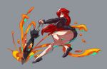  absurdres bluegeyko breasts grey_background hair_over_one_eye highres holding holding_umbrella jumping long_hair looking_to_the_side parasoul_(skullgirls) red_eyes red_hair skullgirls thick_thighs thighs umbrella 