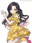  1girl absurdres arm_up black_hair chinese_commentary commentary dress frilled_dress frills gfriend hand_on_own_hip highres kaoruru_(sakuno2911) long_hair pink_footwear simple_background smile socks solo umji_(gfriend) yellow_dress yellow_socks 