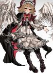  1girl absurdres alternate_eye_color black_footwear black_pantyhose blonde_hair blush boots bow closed_mouth dress feathered_wings full_body gengetsu_(touhou) hair_bow headdress highres knee_boots long_sleeves ougiikun pantyhose red_bow red_eyes short_hair simple_background smile solo touhou touhou_(pc-98) white_background white_dress white_wings wings 