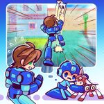  2boys android blue_eyes brown_hair dog flying_sweatdrops green_eyes highres kicking laser-lance looking_at_another mega_man_(character) mega_man_(classic) mega_man_(series) mega_man_legends_(series) mega_man_volnutt multiple_boys open_mouth rush_(mega_man) short_hair 