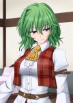  1girl arm_belt arms_at_sides ascot bangs belt buttons center_frills collared_shirt commentary_request eyebrows_visible_through_hair frills green_hair hair_between_eyes half-closed_eyes highres indoors kazami_yuuka long_sleeves looking_to_the_side medium_hair open_clothes open_vest plaid plaid_vest purple_eyes red_vest shirt smile solo taut_clothes touhou upper_body vest vision_(artist) wavy_hair white_shirt wing_collar yellow_neckwear 