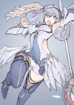  1girl armpits blue_eyes boots curly_hair dress energy_weapon grey_hair hair_between_eyes head_wings highres holding holding_staff looking_at_viewer melia_antiqua open_mouth shorts shorts_under_dress solo staff thigh_boots ug333333 white_shorts wings xenoblade_chronicles:_future_connected xenoblade_chronicles_(series) xenoblade_chronicles_1 